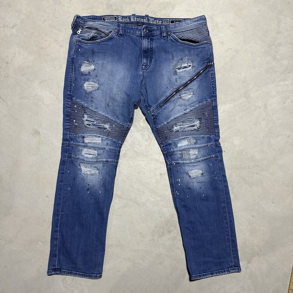 Rock Revival Jerek Slim Taper Collectors Edition Acid Wash Moto Jeans Mens SZ 42